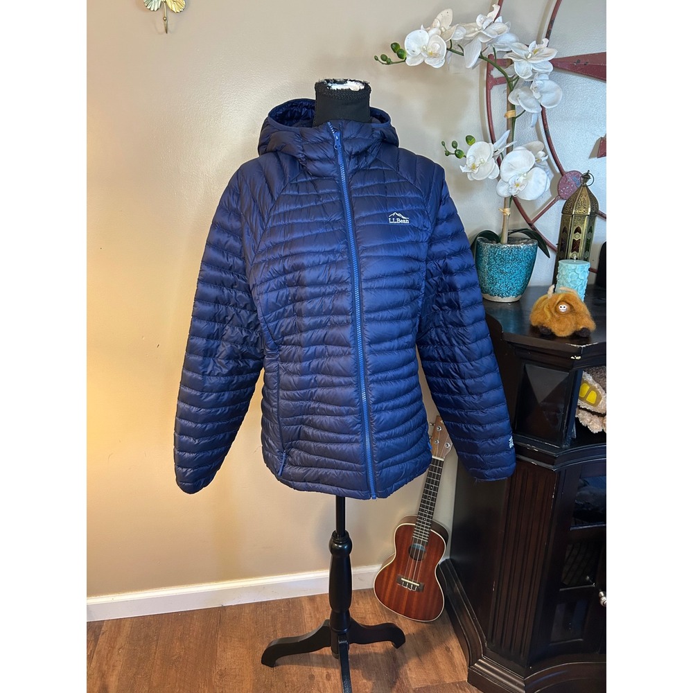 LL Bean Ultralight 850 Down Hooded Jacket Navy Blue Puffer M REG 507110